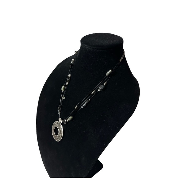 Signed Chicos 3 Strand Glass & 925 Bead Round Leather Inset Pendant Necklace 22” - Picture 7 of 16